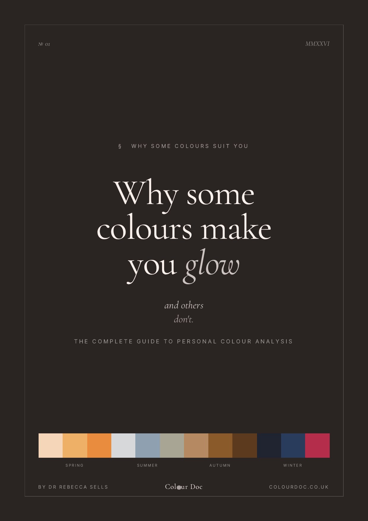 The cover of Why some colours make you glow — a dark charcoal page with the title in serif italic and a strip of twelve season swatches at the foot.