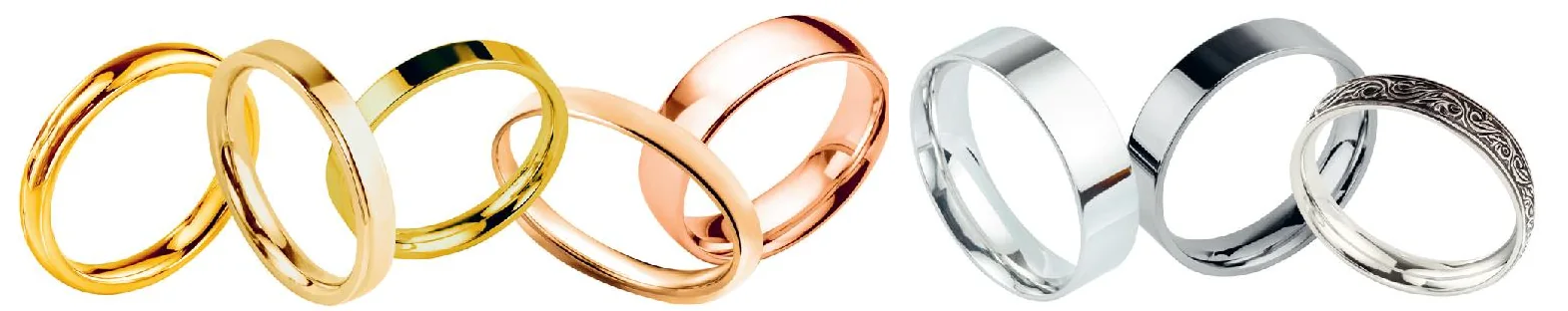 Eight wedding bands on a single plane: warm yellow, pale yellow, deep yellow, apricot and rose gold, then sterling silver, stainless steel and oxidised silver.